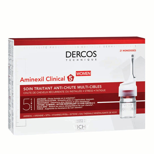 VIchy DERCOS Aminexil Clinical 5 - للنساء (21 جرعة أحادية لكل عبوة) 1 مل لكل جرعة.
