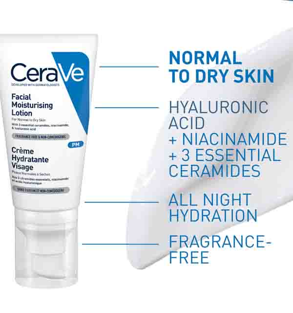 Cerave Pm Facial Moisturizing Lotion Night Cream With Hyaluronic Acid , 3 Essential Ceramides And Niacinamide 52ml .